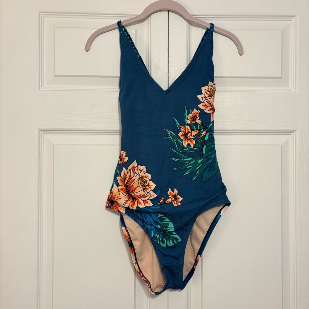 Kona Sol Blue and Orange One-Piece Floral  Swimsuit Size Medium